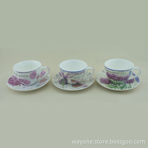 6-set 220cc Tea Cup and Saucer in Printed Gift Box, with Pink Flower, Ideal for Gifts and Promotions